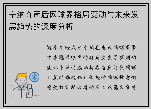 辛纳夺冠后网球界格局变动与未来发展趋势的深度分析 辛纳夺冠后网球界格局变动与未来发展趋势的深度分析