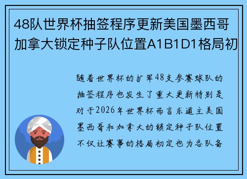 48队世界杯抽签程序更新美国墨西哥加拿大锁定种子队位置A1B1D1格局初定 48队世界杯抽签程序更新美国墨西哥加拿大锁定种子队位置A1B1D1格局初定
